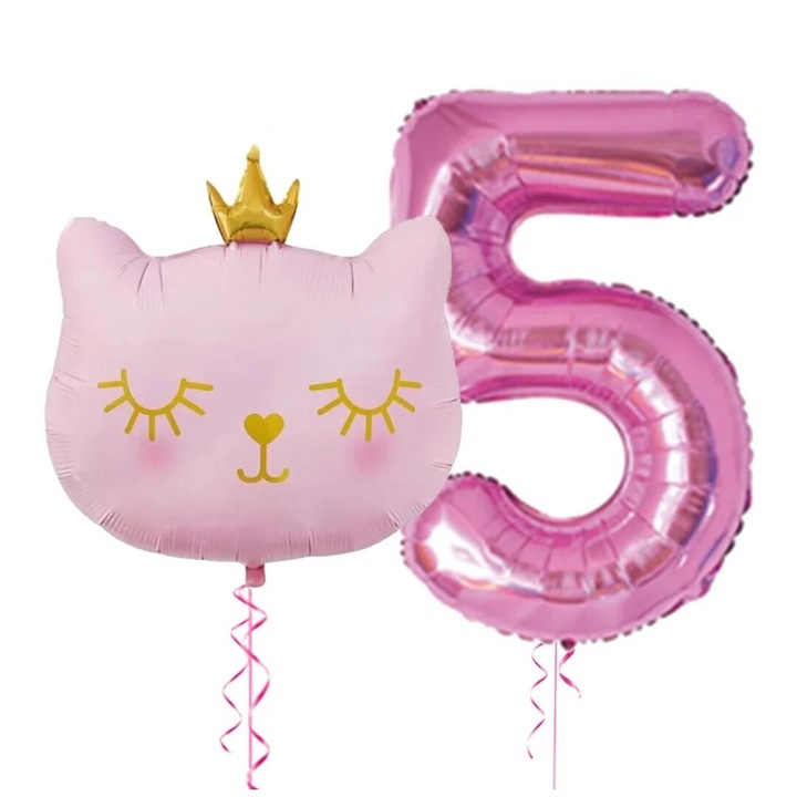 Set 2 baloane folie, It’s Party Time, cap pisicuta roz, balon folie cifra 5, roz 1M
