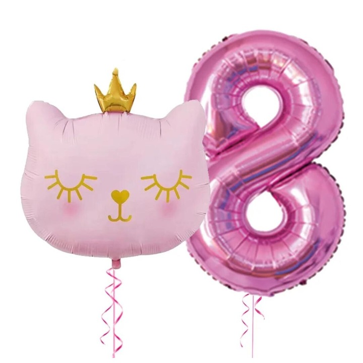Set 2 baloane folie, It’s Party Time, cap pisicuta roz, balon folie cifra 8, roz 1M