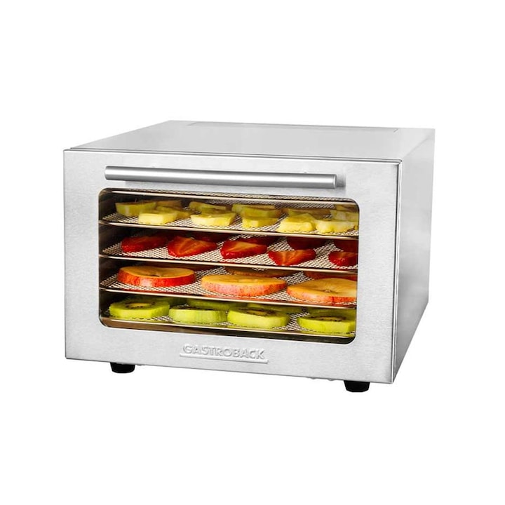 Deshidrator alimente Gastroback, Mini Professional, temperatura reglabila 20-90°C, suprafata de deshidratare 26x20.5 cm, timer 24h, 5 tavi detasabile, pentru gustari sanatoase, panou control digital, usa din sticla, iluminare LED interioara, design compac