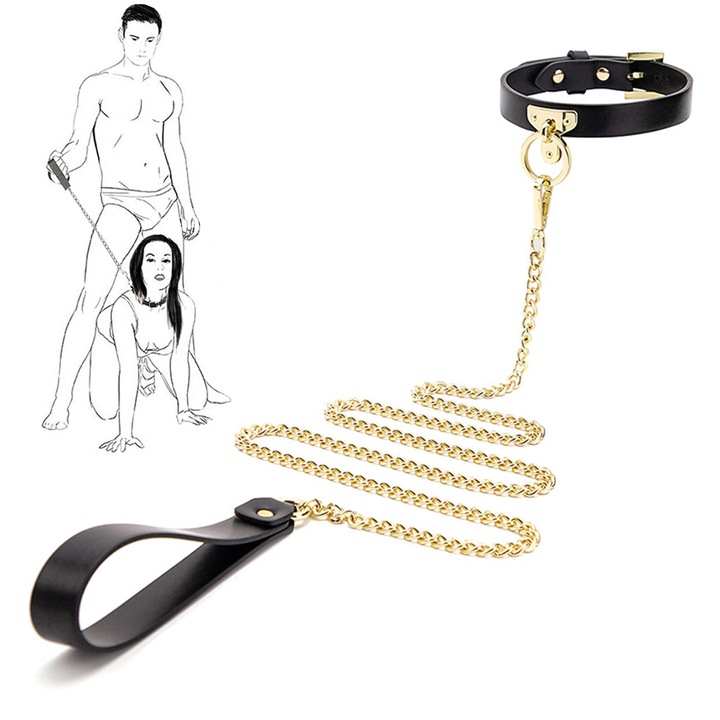 Set colier BDSM din piele ajustabila cu lesa metalica, WAZIFLY, pentru jocuri de rol si constrangere, unisex