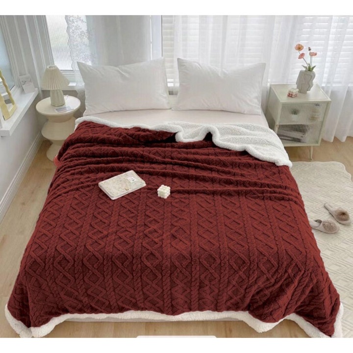 Patura Imblanita, Sherpa Throw, Grofat 3D Tricot, 200x230cm, Bordo
