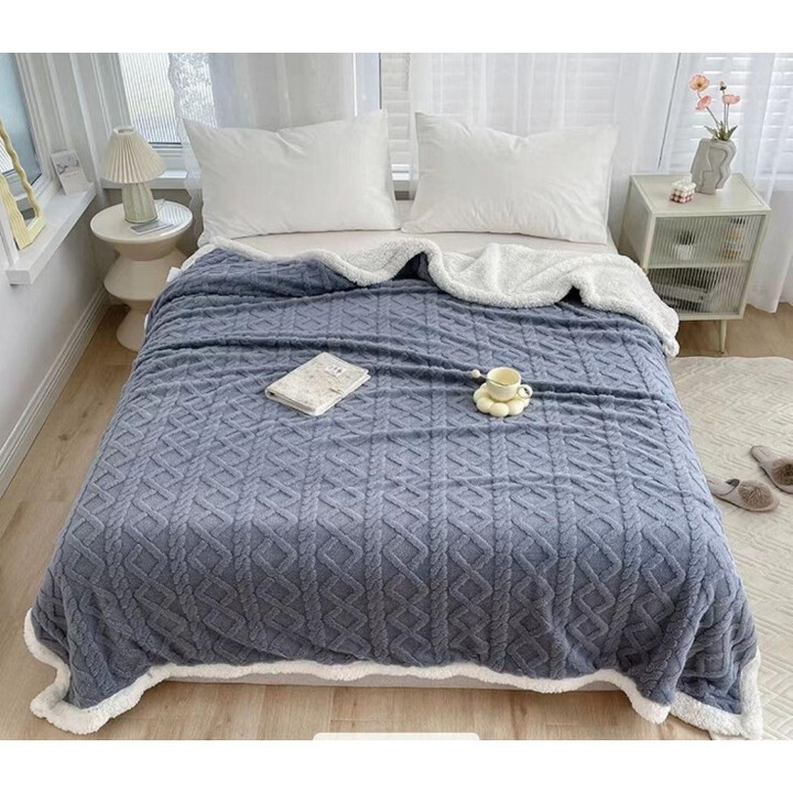 Patura Imblanita, Sherpa Throw, Grofat 3D Tricot, 200x230cm, Gri Albastrui