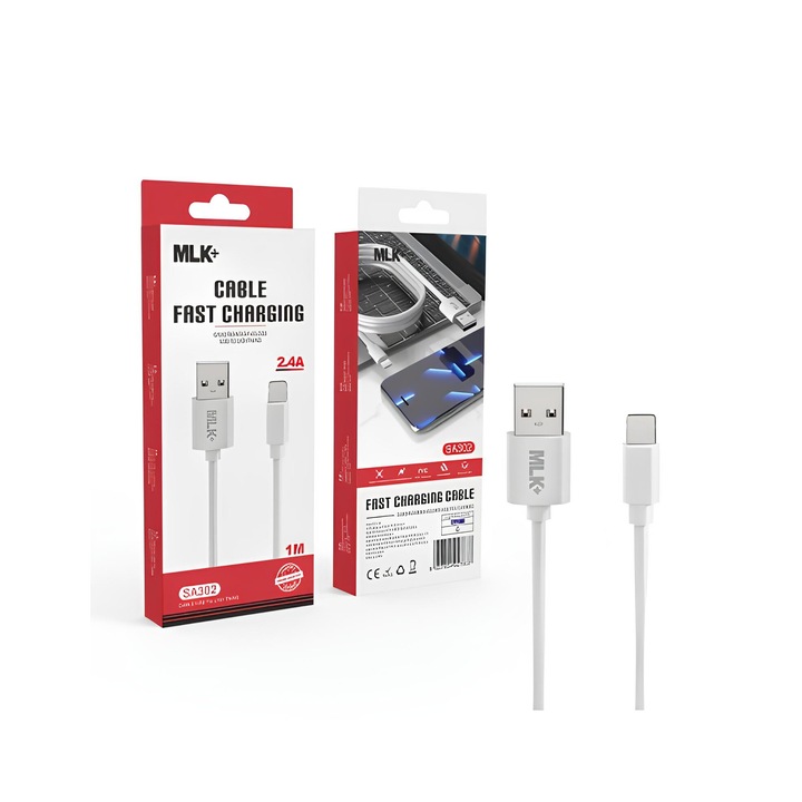 Cablu date si incarcare rapida MLK+, USB - Lightning, Fast Charge, Compatibil cu iPhone si iPad, 2.4A, 1m, Alb