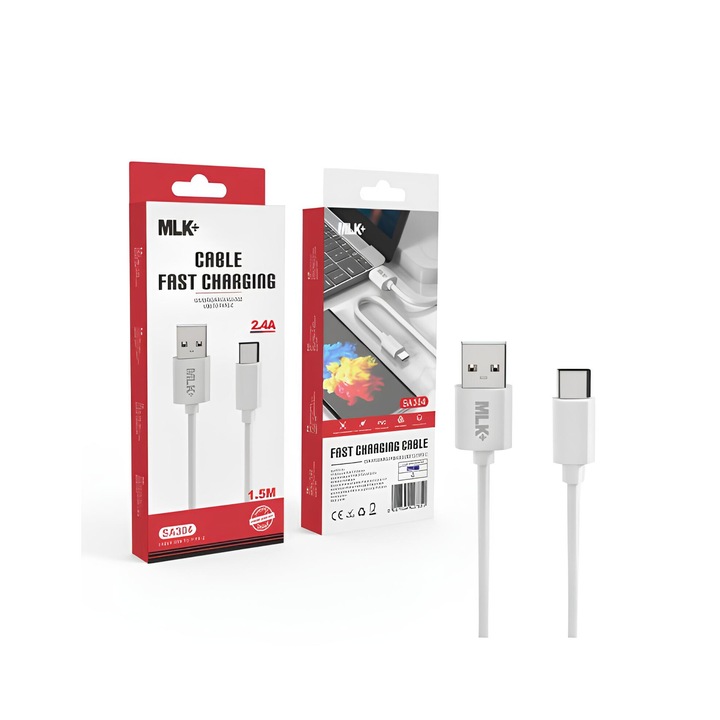 Cablu date si incarcare rapida MLK+, USB la USB-C, Type-C, Fast Charge, 2.4A, 1.5m, Alb, Compatibil cu iPhone, Samsung, Huawei, Xiaomi, Oppo, Honor