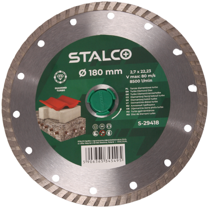 Disc diamantat segmentat, STALCO, taiere uscata pe beton, piatra, pavele si ceramica, 180 mm/2, 7 mm/22, 23 mm, Argintiu/Verde