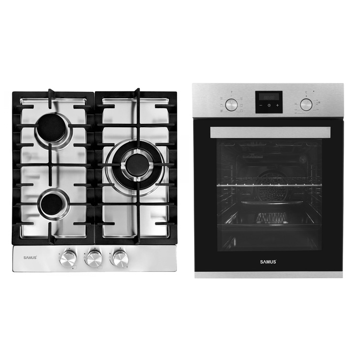 PACHET SAMUS-45-X2, Cuptor electric incorporabil SCE458GTXV + plita pe gaz incorporabila PSG-43SX1, clasa A, 47 litri, 6 functii, 3 arzatoare, aprindere electrica, argintiu