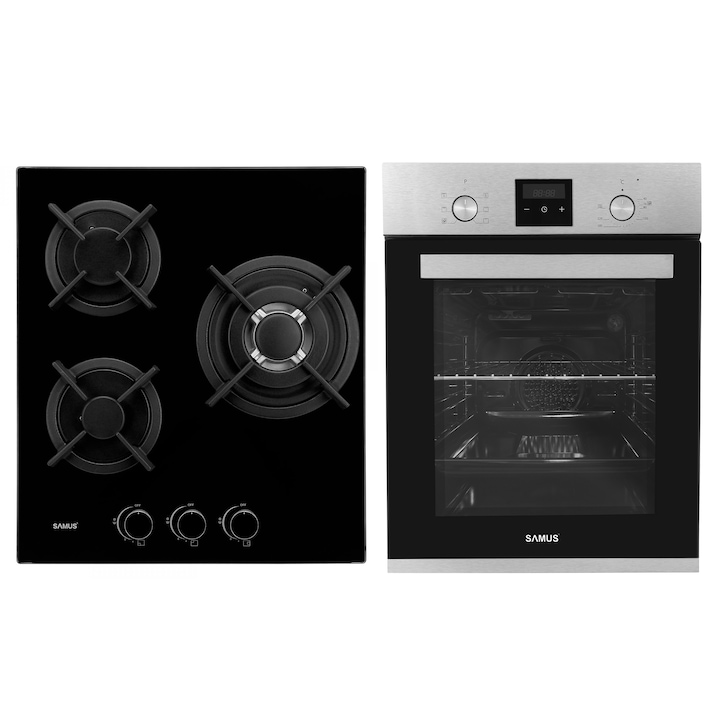 Pachet Incorporabil Samus Cuptor Incorporabil SCE458GTXV, 47 L, 6 Functii, Latime 45 cm + Plita incorporabila PSG-43SG1, 3 Arzatoare pe gaz, Gratare fonta, Sticla neagra