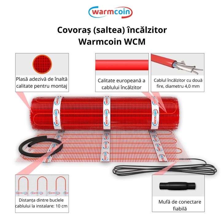 Pachet covor incalzire in pardoseala Warmcoin WCM, 2.0 m² (320W, 230V), termostat WIFI control Warmcoin W100, negru