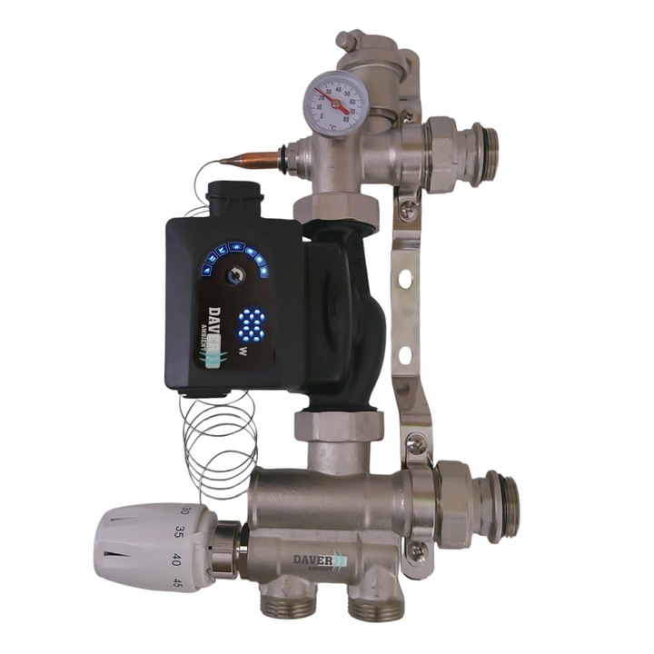 Grup de amestec reversibil cu cap termostatic si senzor cu reglaj 20 - 60 °C si pompa electronica cu turatie variabila 25/4-130, pentru incalzire in pardoseala de max. 150 mp, Daver