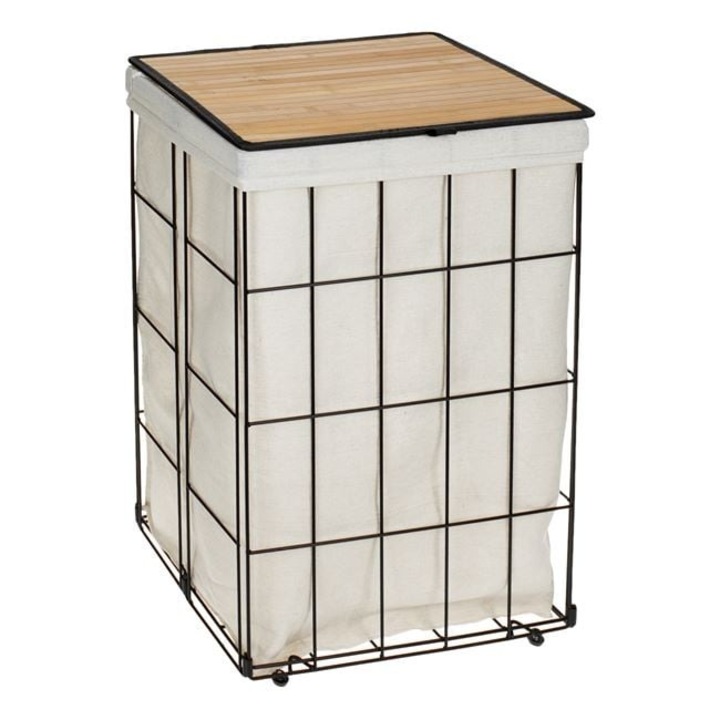 Cos de rufe Antbro® cu cadru metalic neagru, capac din bambus de culoare naturala si captuseala din tesatura bej, 40x30x60cm, 72L