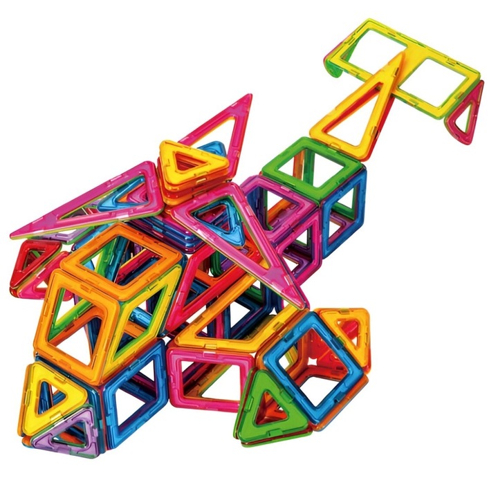 Set 148 piese magnetice de constructie, piese medii, forme geometrice, 3 ani, abs, 25 x 17.8 x 10 cm, Multicolor