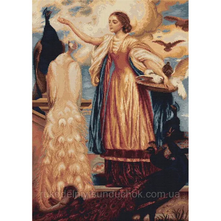 Set goblen de cusut, cu diagrama, Fata cu pauni, 24x34 cm