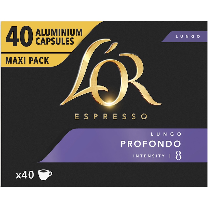 Cafea capsule, L'OR Espresso Lungo Profondo, intensitate 8, 40 bauturi x 110 ml, compatibile Nespresso, 40 capsule aluminiu, 208 g