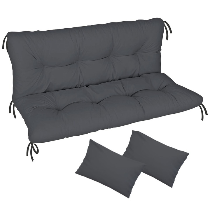 Комплект матрак и 2 броя възглавници за градинска пейка, люлка, Капитонирана, Графит, 100x50x50 K+K