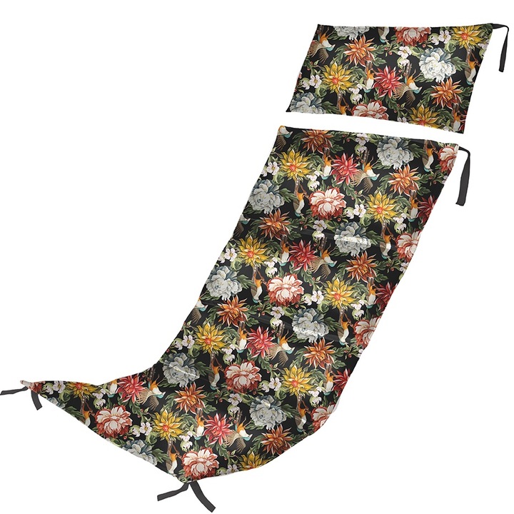Setul Saltea si Perna pentru Sezlong Pliabil din Lemn, Flori Colorate