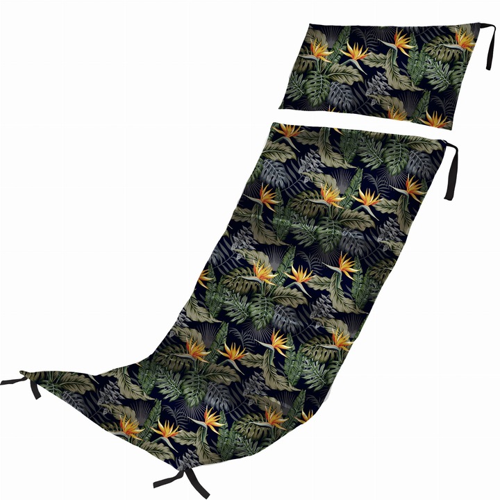 Set Saltea Si Perna Pentru Sezlong Din Lemn, Feronerie, Flori Portocalii, Noua Dimensiune A Relaxarii, Material Rezistent La Apa, Curatare Usoara