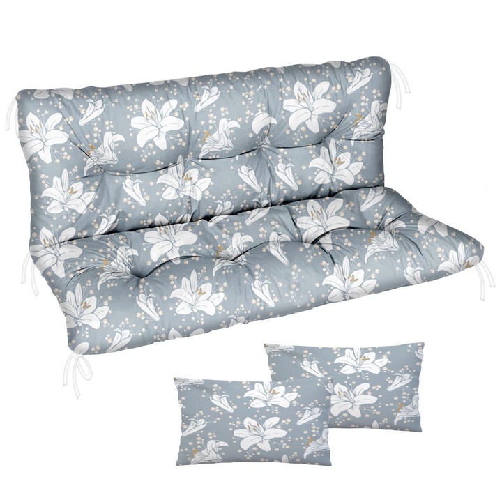 Saltea perna pentru leagan, banca de gradina, pentru mobilier din paleti, matlasata, 2 bucati, Flori Albastre, 120x50x50 K+K