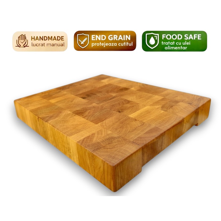 Tocator premium de bucatarie End Grain din stejar masiv, lucrat manual, food-safe, anti-alunecare, 26 X 22 X 3.5 cm