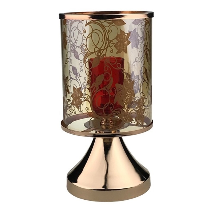 Veioza din metal, cu senzor, cu abajur din sticla cu flori. 12x23 cm M1