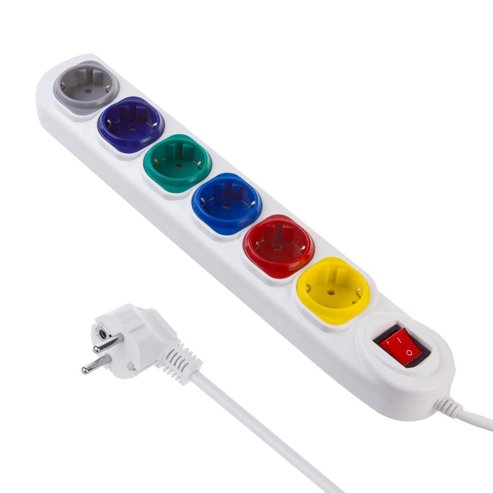 Prelungitor Maclean MCE509 W, 6 prize, 1.5 m, 2500W, cu intrerupator, alb, lista de alimentare sigura pentru casa si birou