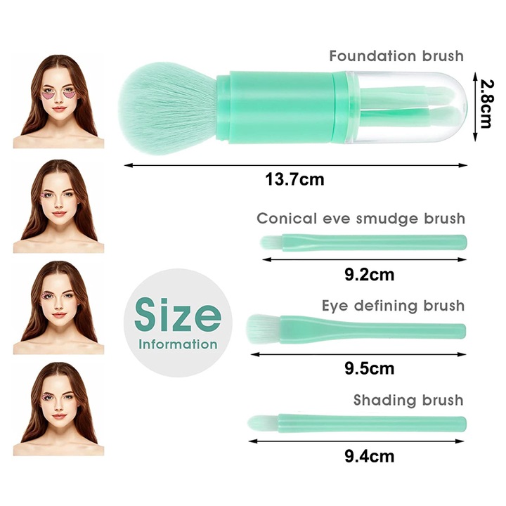 4 в 1 преносим комплект четки за грим за пътуване, многоцветни