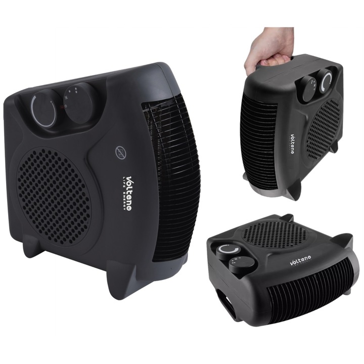 Aeroterma electrica, Volteno, 2000 W, cu termostat si protectie la supraincalzire, 3 trepte de ventilare (rece, cald, fierbinte), 24,5 x 24,5 cm, Negru