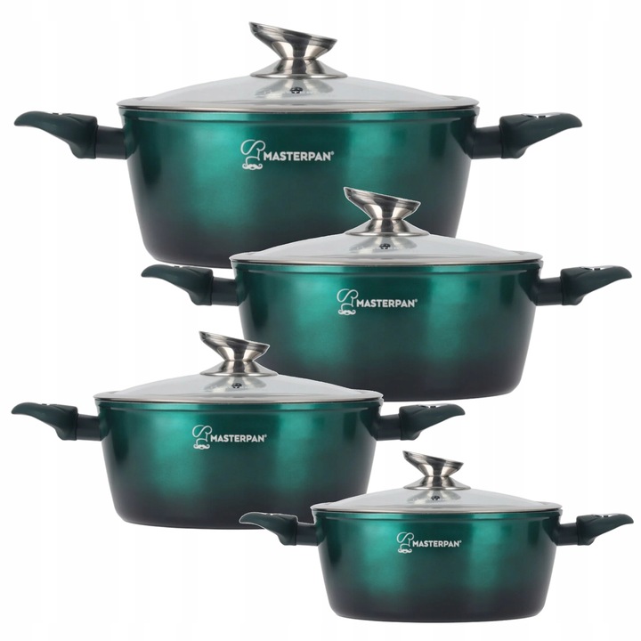 Комплект 4 тенджери с капаци, Masterpan, алуминий/мрамор, зелени, 16/20/24/28см