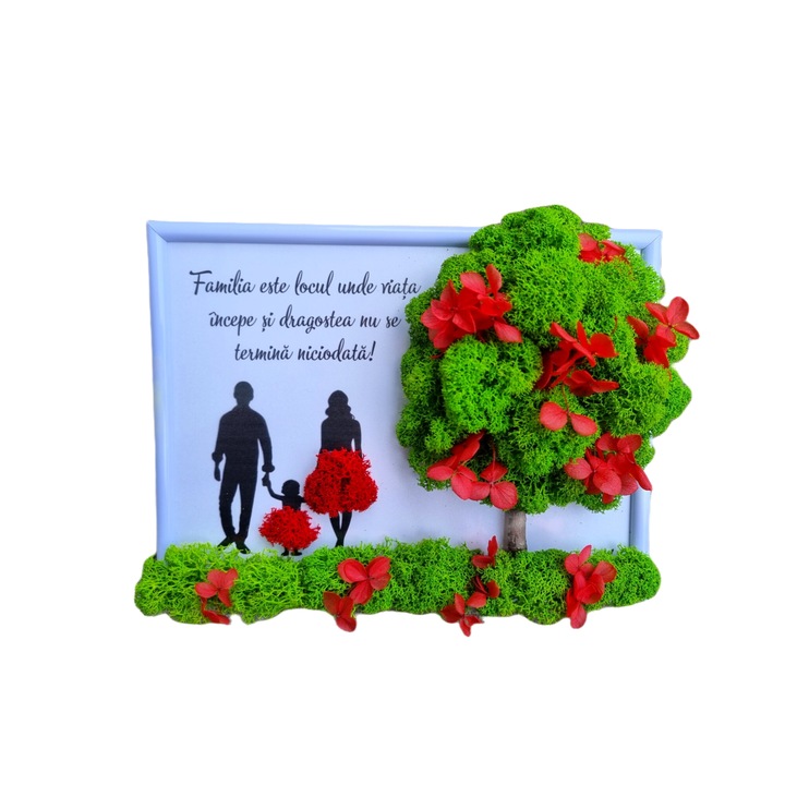 Tablou familie cu fetita cu licheni stabilizati si hortensie criogenata, 15x20 cm