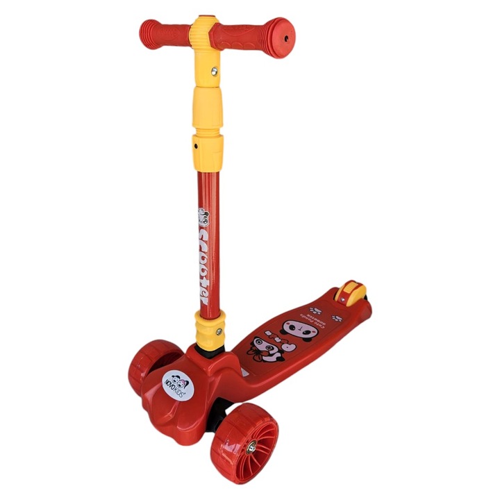 Детска тротинетка със светещи силиконови колела NOVOKIDS™ Mini Scooter 8020, С песни и светлини, 3 колела, Сгъваема, Дръжка за регулиране на височината, Максимум 50 кг, Модерен дизайн, Червена