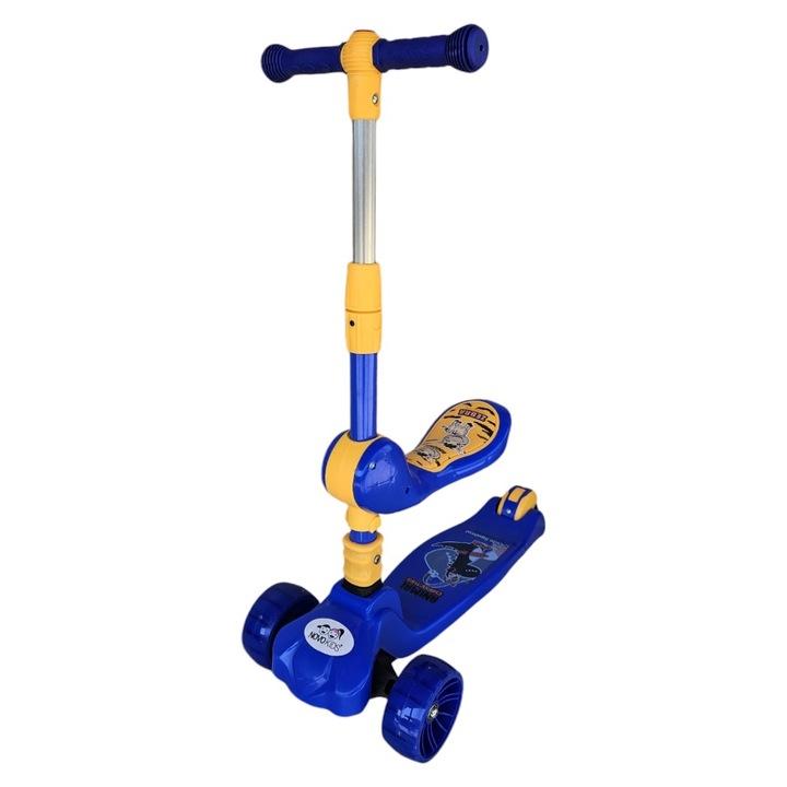 Детска тротинетка 2 в 1 със светещи силиконови колела NOVOKIDS™ Mini Scooter 8010, С песни, 3 колела, Сгъваема, Дръжка с регулируема височина, Максимум 50 кг, Функция за тротинетка без педали, Синя