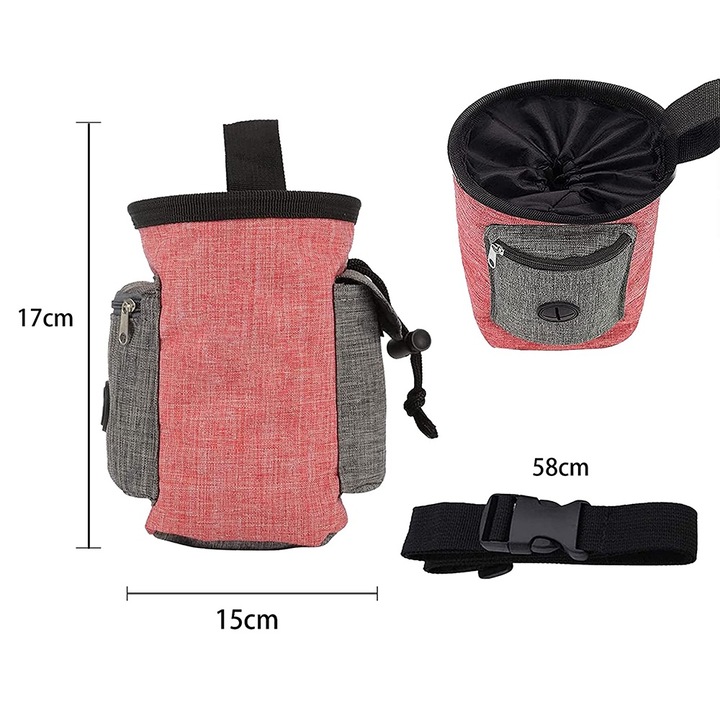 Geanta de tratare pentru caini pentru dresajul cainilor de talie mica pana la mari, transporta cu usurinta jucarii pentru animale de companie, crosete, dulciuri, distribuitor incorporat de pungi pentru caca, rosu