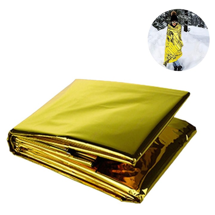 Set 10 paturi termice de urgenta, AMRINUGL, Impermeabil, 130 x 210 cm, Auriu / Argintiu