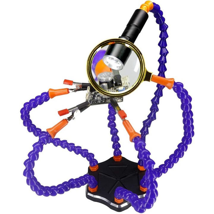 Nagyítóval és LED lámpával ellátott állvány forrasztópisztolyokhoz, USB, hordozható, rugalmas karokkal, kompakt méret