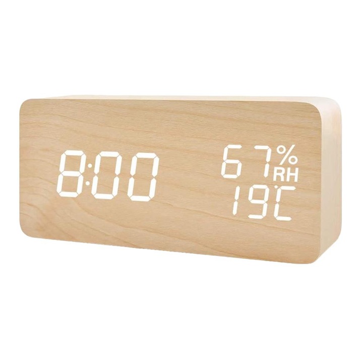 Ceas de birou, AMRINUGL, lemn, alarma LED, functii multiple, 15 x 4.5 x 7 cm, crem