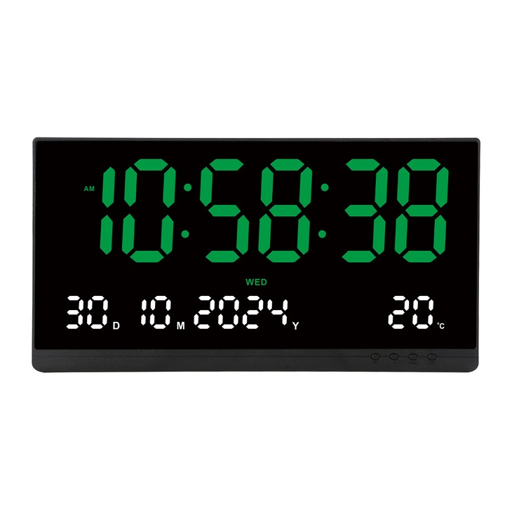Ceas Digital de Masa AT PERFORMANCE®, cu Lumina Led Verde, Alarma, 3 Niveluri de Luminozitate, Calendar, Temperatura, Functie Snooze, Mod de Noapte, 11x22cm