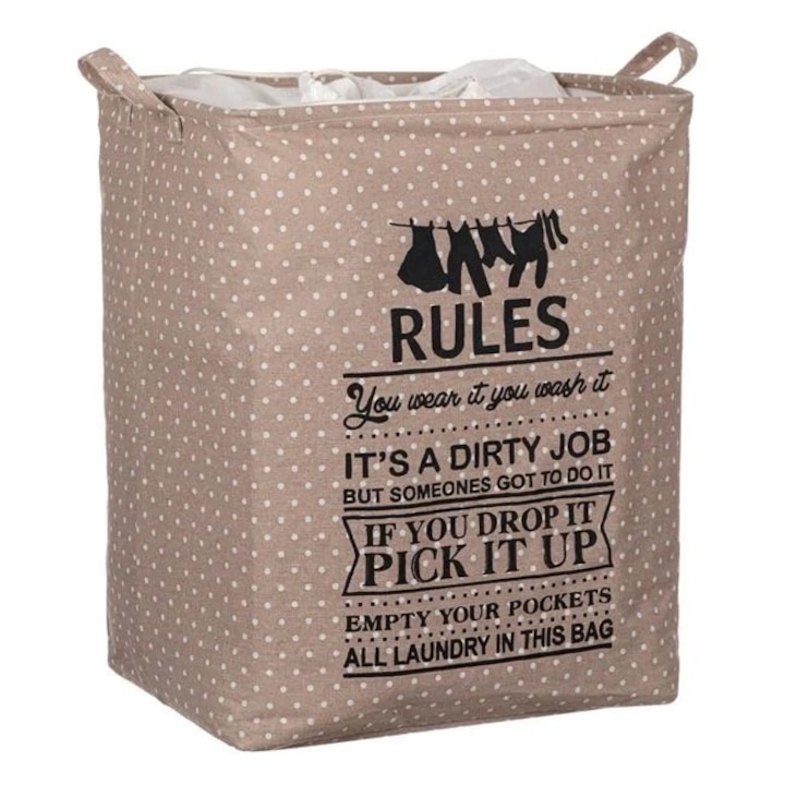 Cos de rufe Antbro® din material textil de culoare taupe cu buline albe si mesaj, 40x30x50cm, 60L
