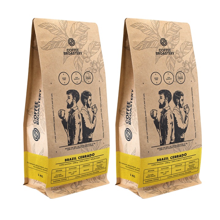Cafea Boabe de Specialitate Coffee Broastery, Set Brazil Cerrado, Proaspat Prajita nu Amar, 100% Arabica, 2x1kg