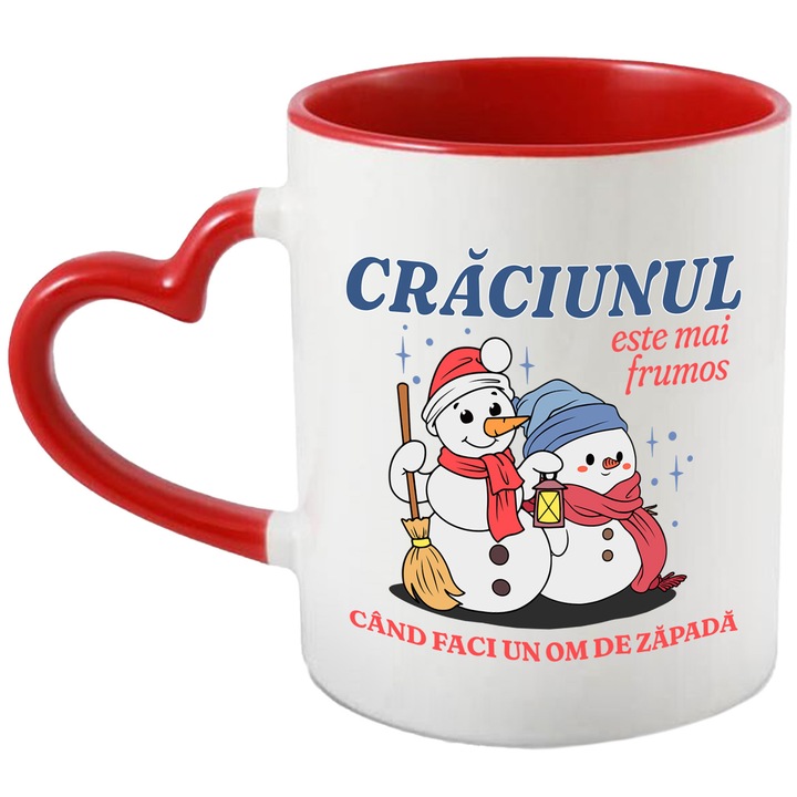Cana Craciunul este mai frumos cand faci un om de zapada sarbatoare familie, 330ml, Ceramica cu Maner Inima Rosie