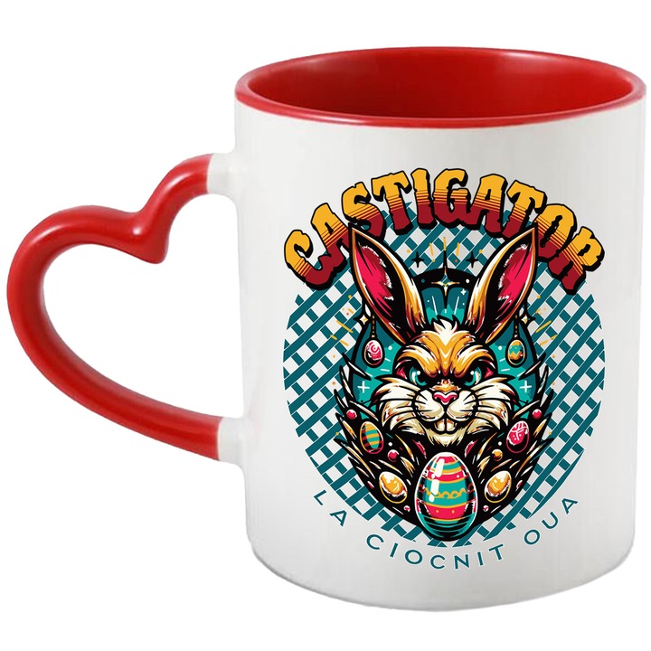 Cana castigator la ciocnit oua iepure paste, 330ml, Ceramica cu Maner Inima Rosie