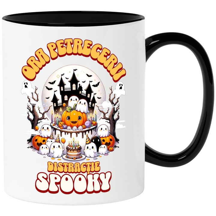 Cana Ora Petrecerii, Distractie fantome casa bantuita, 330ml, Ceramica cu Maner Negru