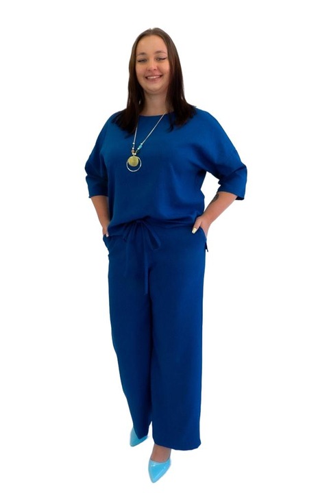 Елегантен дамски комплект блуза и панталон, лен/вискоза, тъмно син