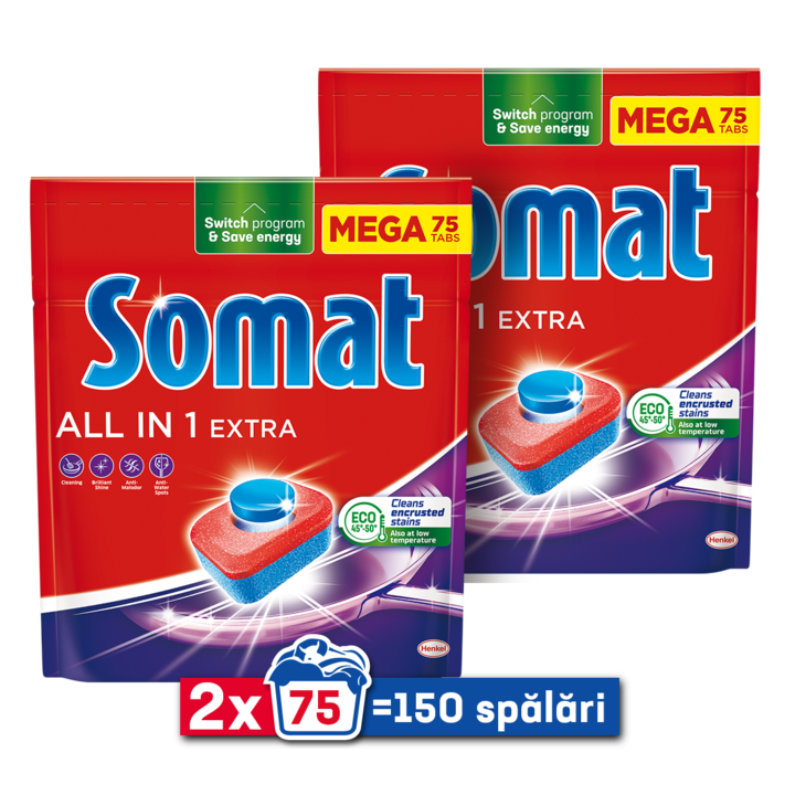 Csomag 2 x Somat All in One Extra mosogatószer, 75 mosás