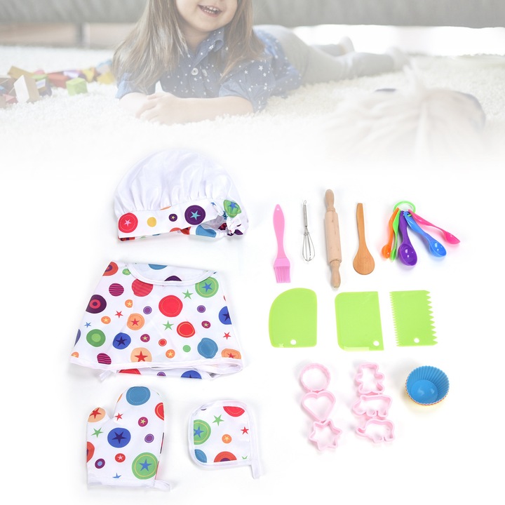 Gyerek konyhai készlet, longziming, 26 darabos, kötény, cukrászeszközök, többszínű, 3 éves kortól