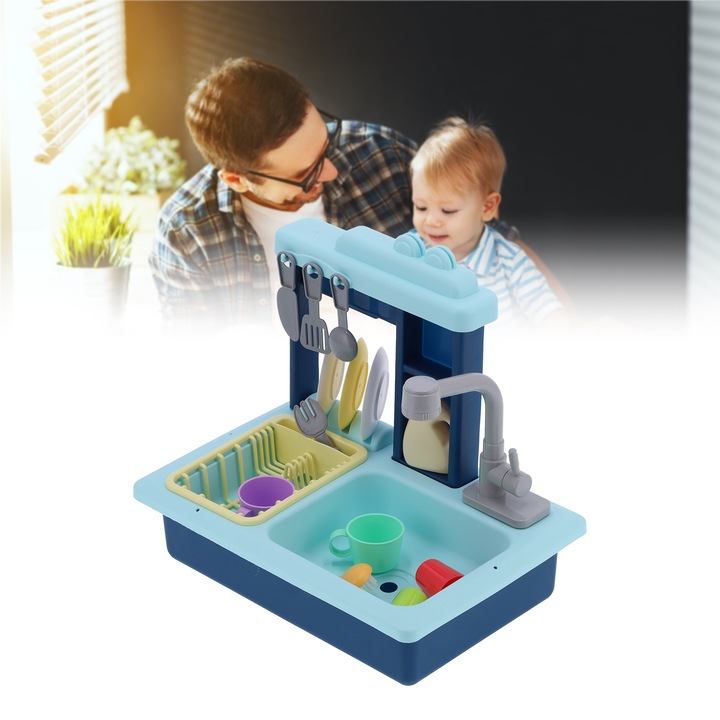 Elektromos mosogató játékkészlet, longziming, konyhai kiegészítők, ABS anyag, 3-10 éves gyermekeknek, kék