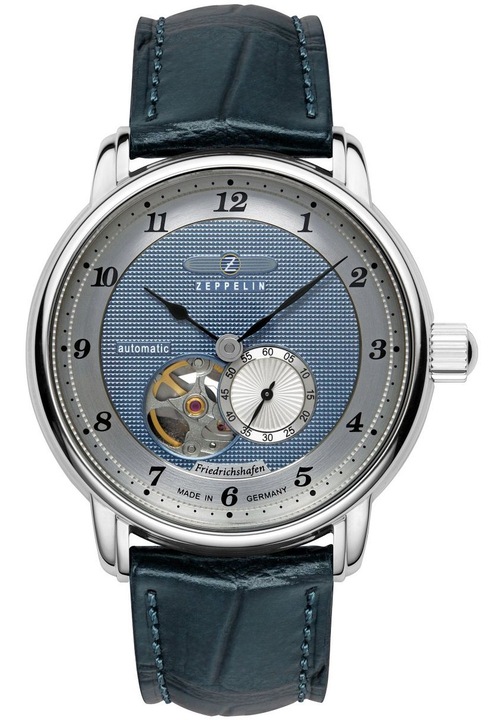 Ceas Zeppelin Open Heart Automatic 8566-3, mecanism Miyota 82S5, 21 pietre, albastru, curea piele naturala