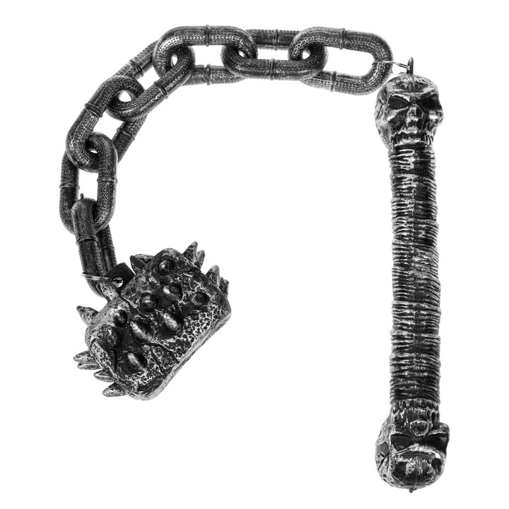 Ciocan Lupta Halloween, Model Craniu, Lant si Cuie, Culoare Negru Argintiu, Material Plastic, 72cm