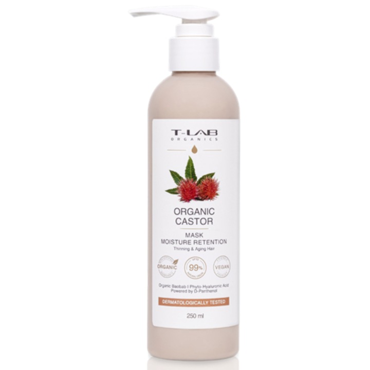 Masca de par hidratanta, pentru par subtire si degradat, T-LAB Organics, Organic Castor, 50ml