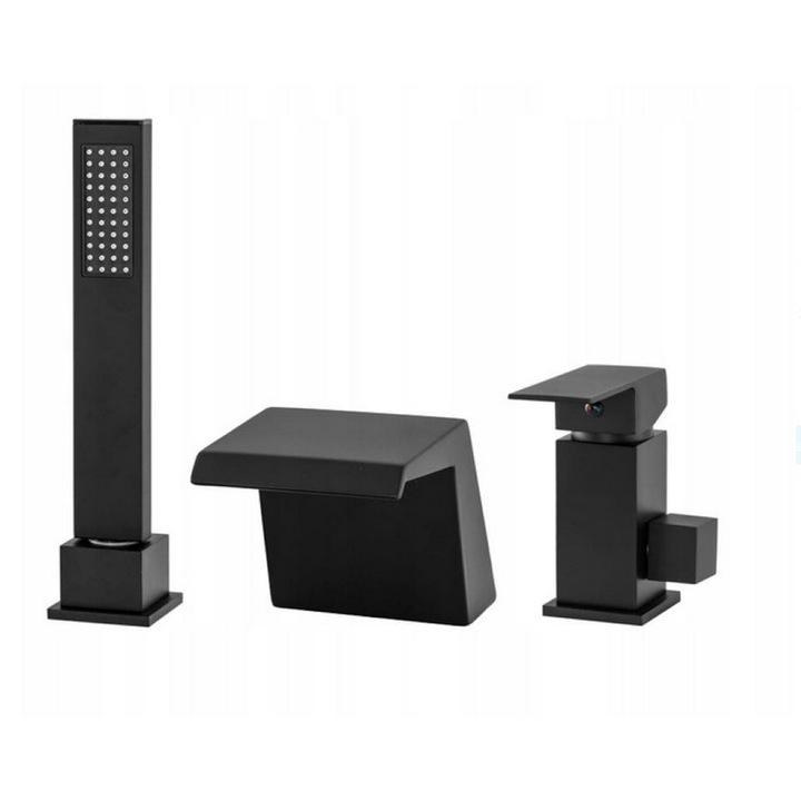 Baterie baie cada stativa, tip cascada, 3 orificii, montare pe cada, negru mat