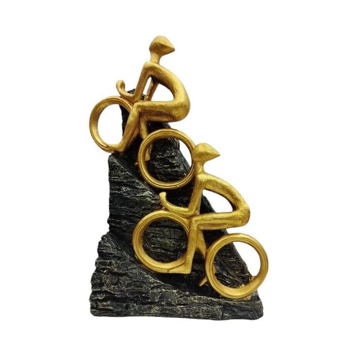 GoldConquest Doty® figura, kerékpárosok által meghódított hegy, arany árnyalatú, kézzel készített gyantából, ajándék motivációs üzenettel, 31x18x12 cm