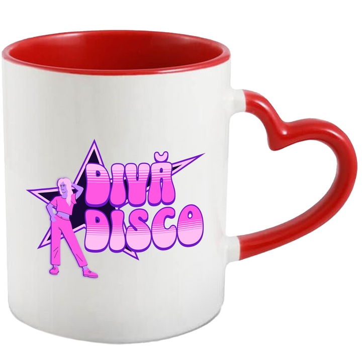 Cana Disco Diva femeie gata de petrecere distractie, 330ml, Ceramica cu Maner Inima Rosie